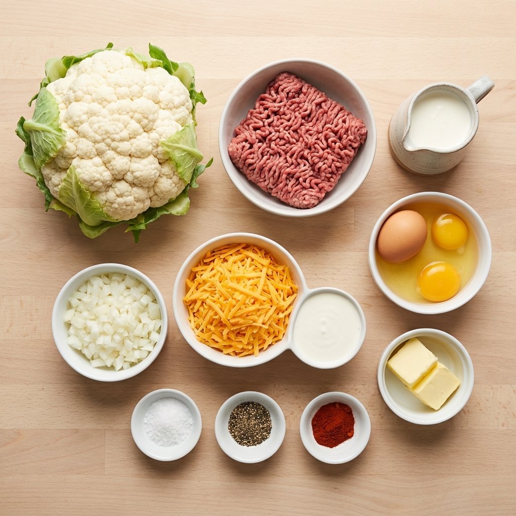 Ingredienser till keto blomkålsgratäng: blomkål, köttfärs, ägg, grädde och ost