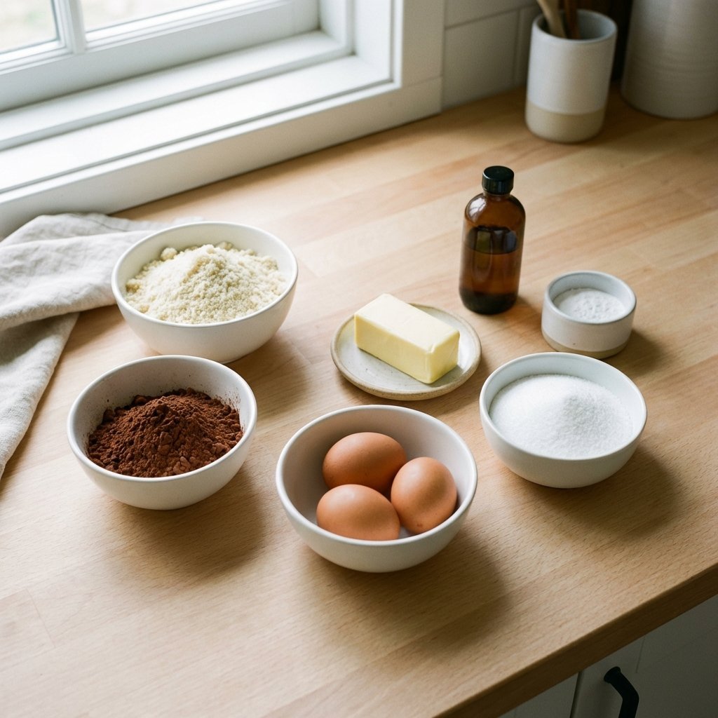Ingredienser till keto chokladkaka: mandelmjöl, kakaopulver, smör och ägg