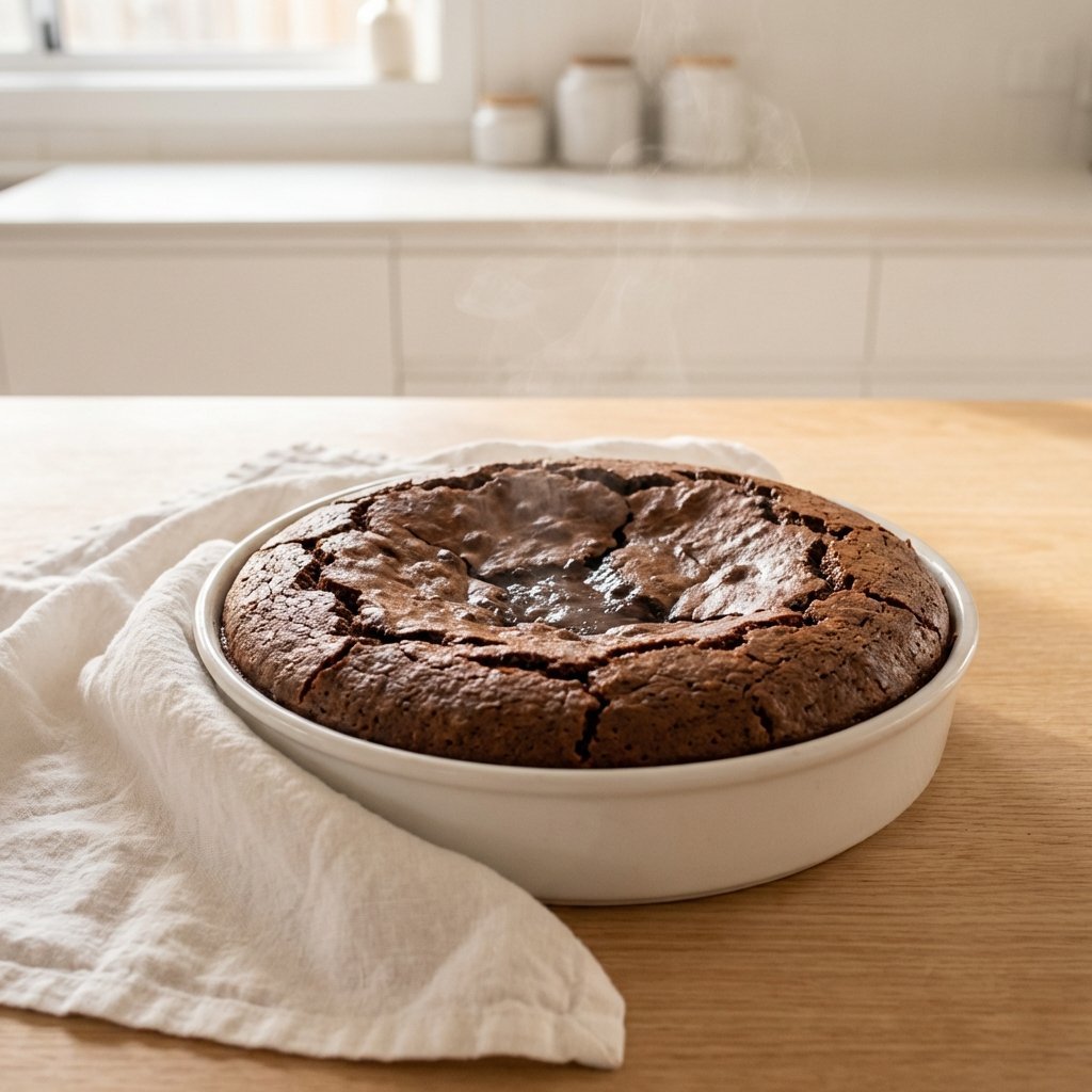 Keto chokladkaka precis ur ugnen med typiskt sprickmönster på toppen