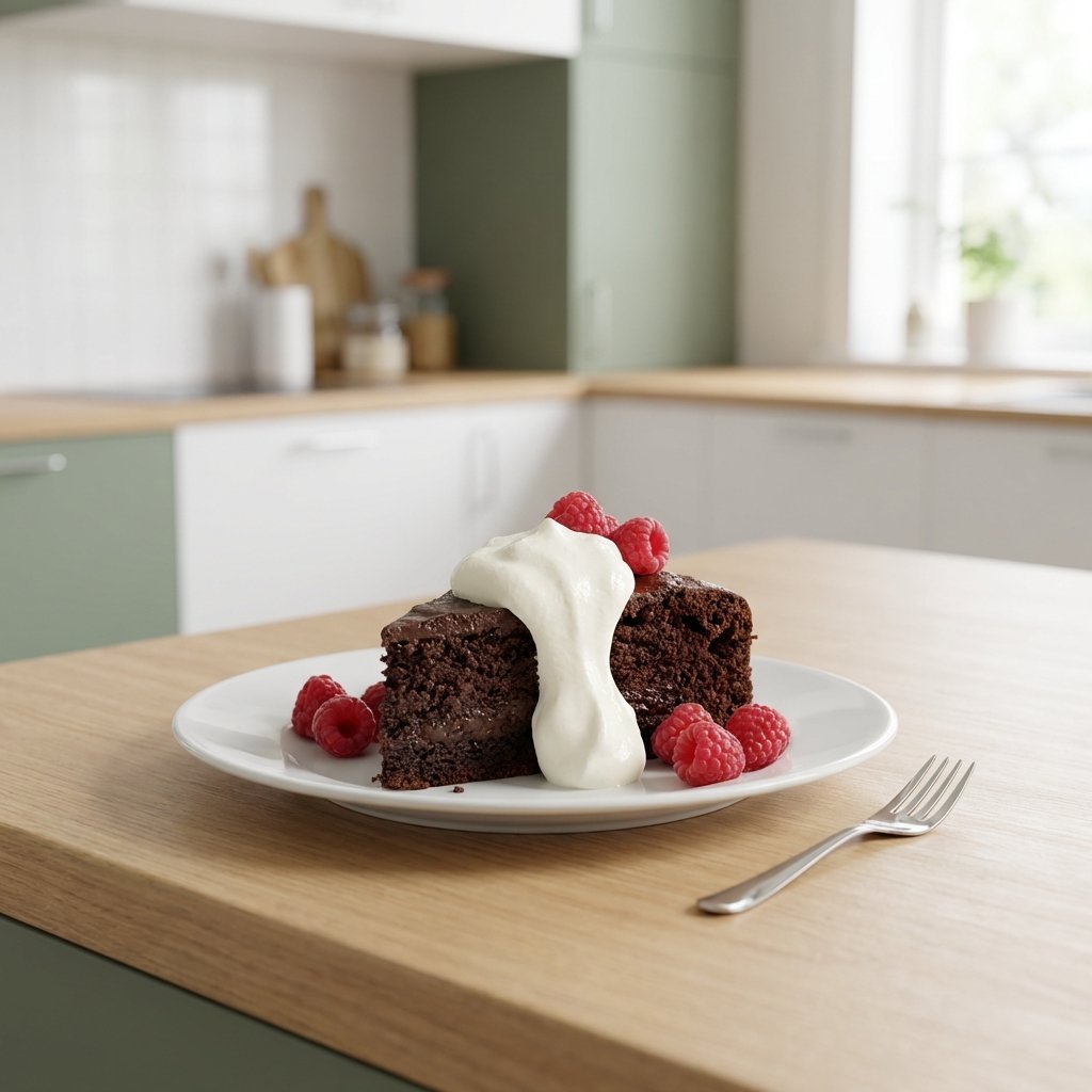 Keto chokladkaka portion med vispgrädde och hallon