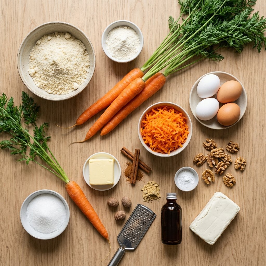 Ingredienser till keto morotskaka: mandelmjöl, morötter, ägg, smör och kryddor