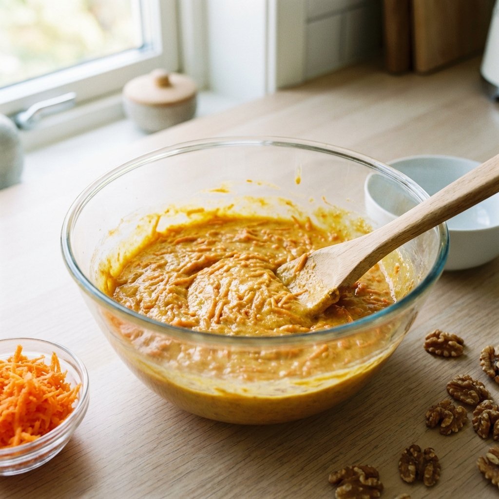 Keto morotskaka-røre med revet morot och valnötter