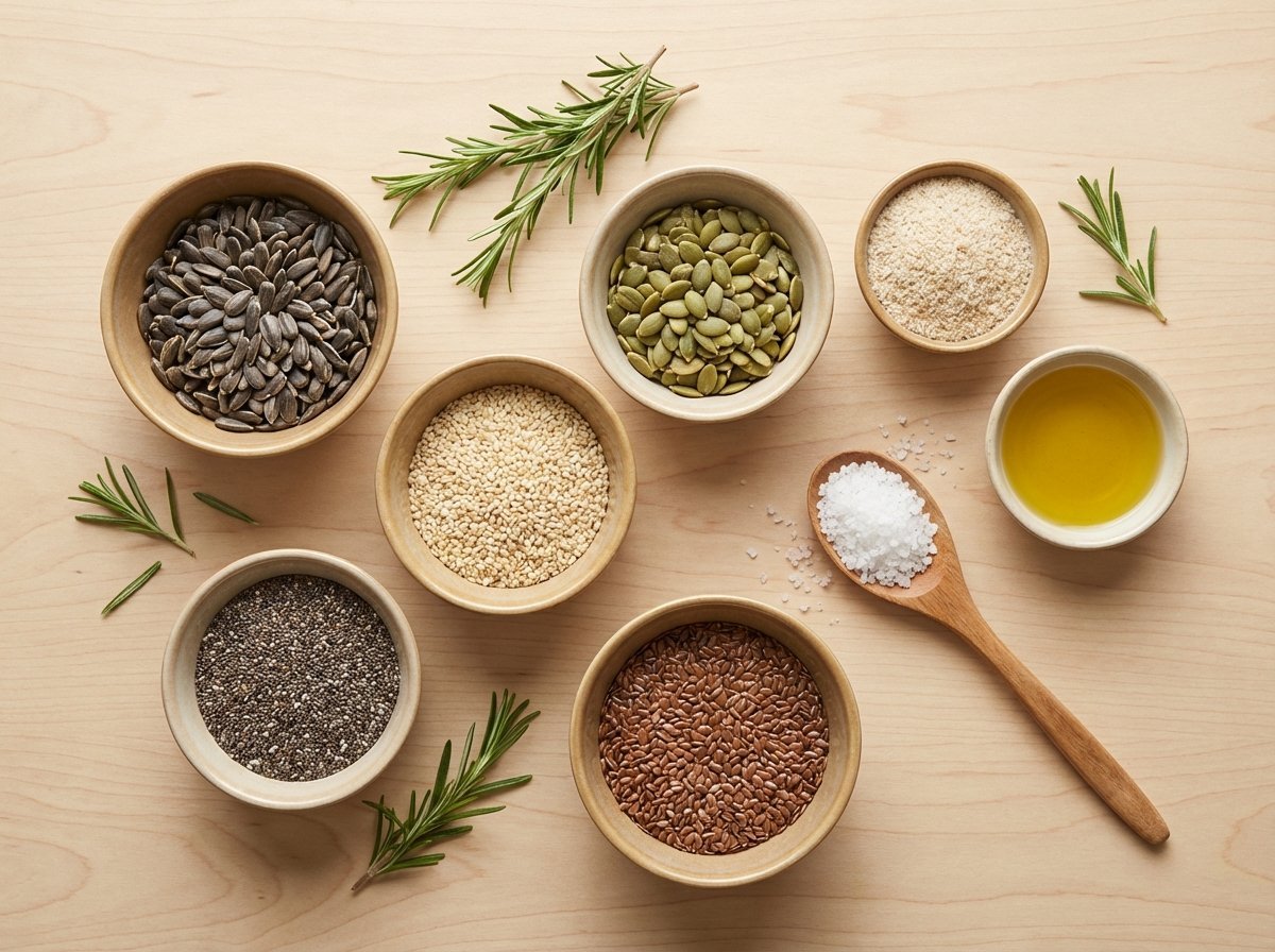 Ingredienser till fröknäcke - frön och kryddor redo att användas