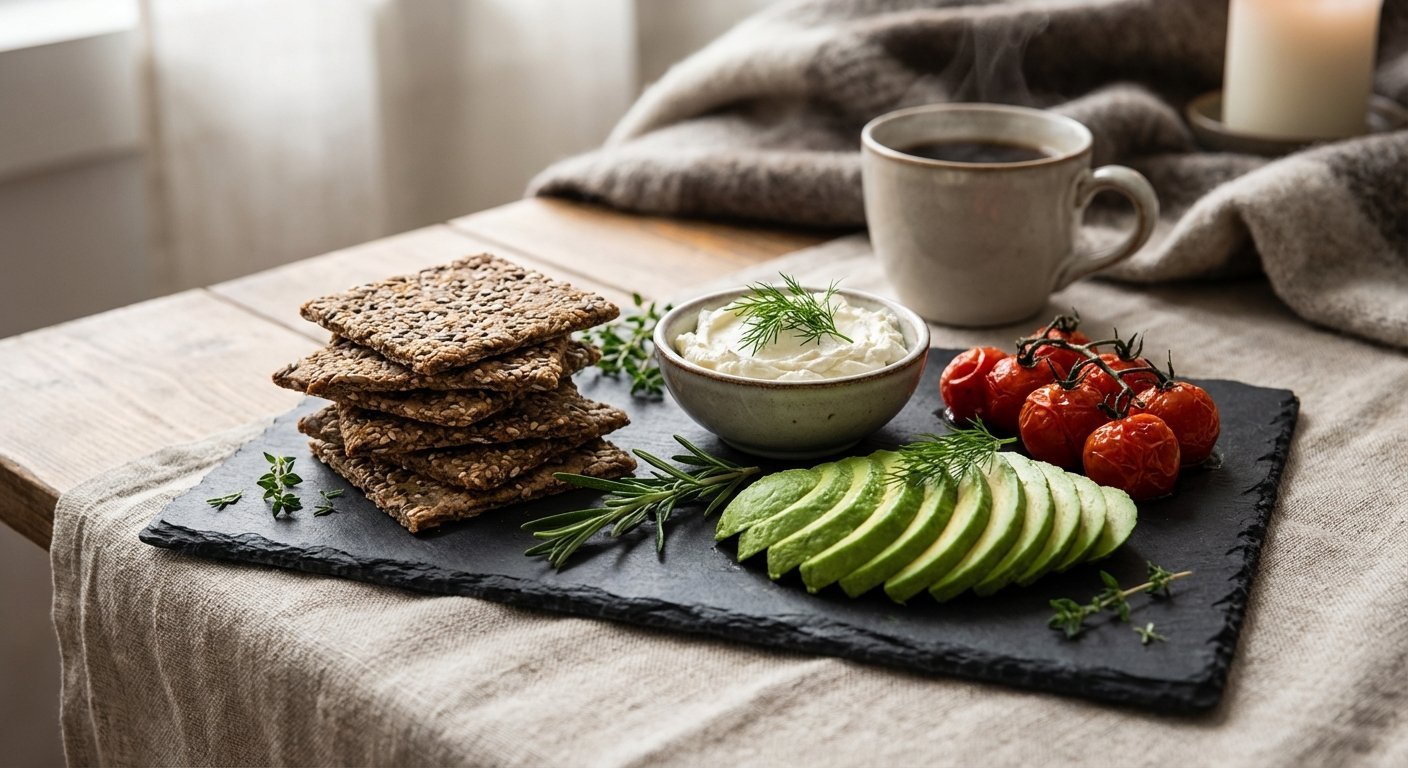 Fröknäcke serverat med färskost och avokado