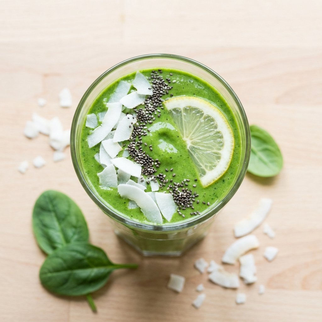 Grønn smoothie ovenfra med kokosflak och chiafrön