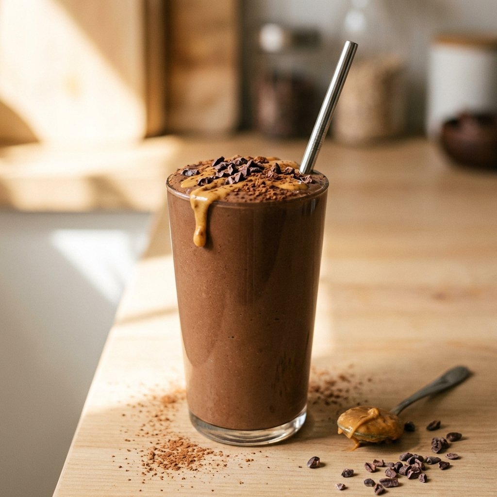 Krämig sjokolade-jordnötsmör keto smoothie i glas