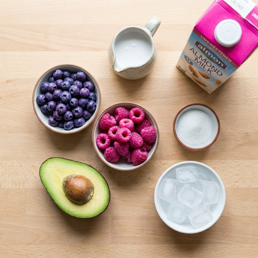 Ingredienser til bärsmoothie: blåbär, bringebär, avokado, kokoskräm och mandelmjölk