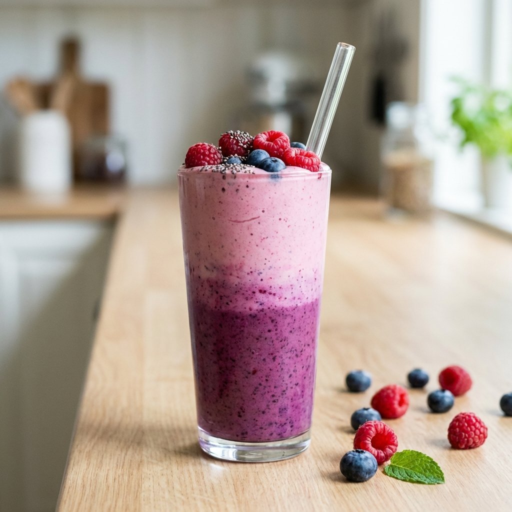Bringebär-blåbär keto smoothie i glas med färska bär