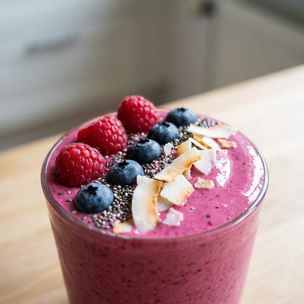 Bärsmoothie i nærbilde – färska blåbär och bringebär på toppen