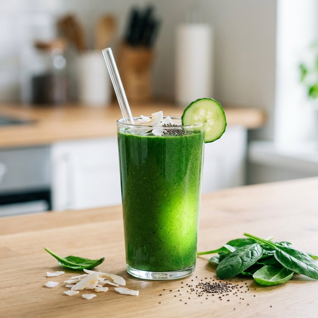 Grønn keto smoothie i glas med kokosflak