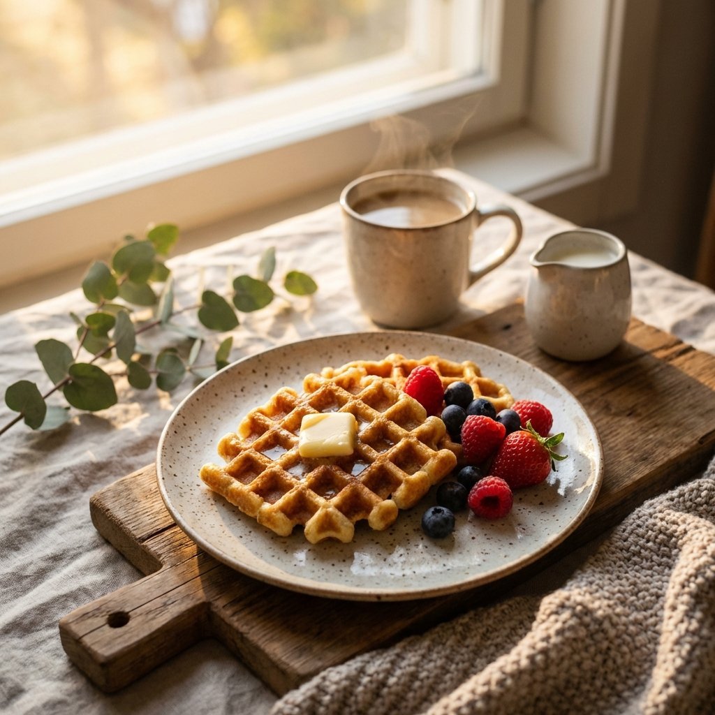 Keto våfflor till frukost med bär och kaffe