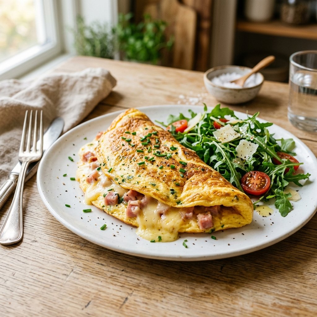 Omelett med ost och skinka